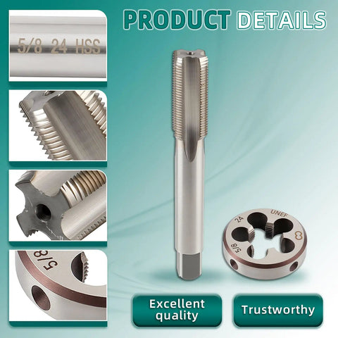 Heavy Duty HSS 5/8-24 UNEF Right Hand Thread Tap And Die Set for metalworking, close-up of tap and die details