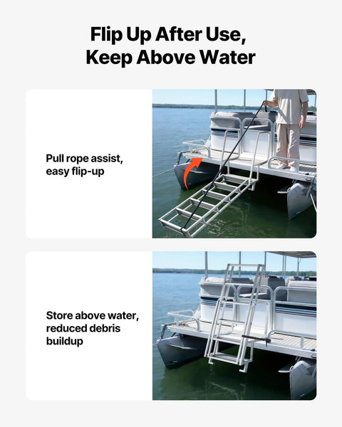 6 Step Beefy Heavy Duty Aluminum Dock Ladder With Flip Up Design, Non Slip Wide Steps, 350 Lb Weight Capacity, Pontoon Boat Swim Ladder With Pull Rope Assist For Lake Pool Marine Boarding, Durable Easy To Use, flipped up on pontoon dock