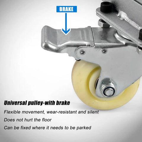 Heavy Duty Metal Rolling Tire Rack, Built Like A Rock Mobile Wheel Storage Cart With Thick Cotton Padding shows a caster wheel with a brake mechanism.