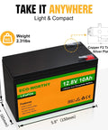Image of 12V 10Ah LiFePO4 Deep Cycle Battery With Built In BMS For Fish Finder Lighting And Backup Power Your Go To Portable Power Pack With 3000 Plus Cycles Lightweight And Easy To Carry, showing dimensions and weight.