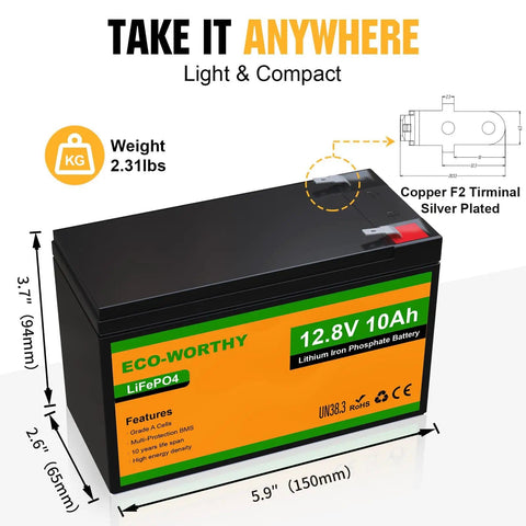Image of 12V 10Ah LiFePO4 Deep Cycle Battery With Built In BMS For Fish Finder Lighting And Backup Power Your Go To Portable Power Pack With 3000 Plus Cycles Lightweight And Easy To Carry, showing dimensions and weight.