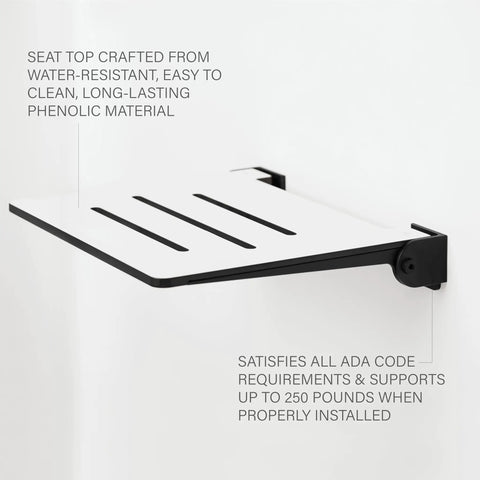 18 Inch SlimLine Folding Wall Mount Shower Bench Seat With White Phenolic Seat And Matte Black Frame, Easy Fold