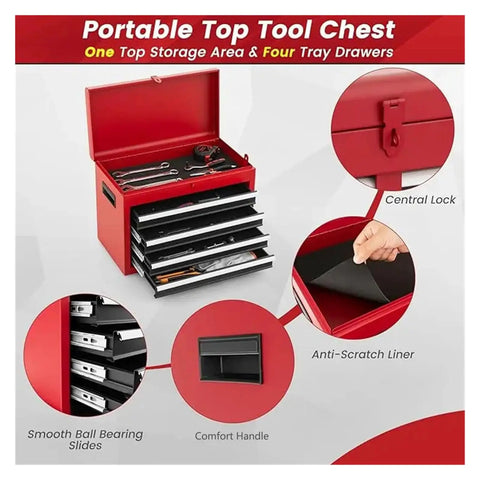 Rolling Tool Box With Detachable Five Drawer Chest, Drawer Liners And Wheels, Heavy Duty Steel Toolbox For Garage And Workshop, open red chest with trays and lock