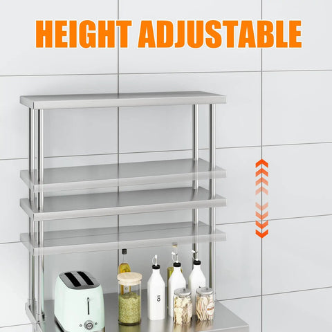 Beast Mode Two Tier Stainless Steel Overshelf For Work Tables Heavy Duty Commercial Double Shelf Rack No Sweats Adjustable Design Holds Heavy Loads Rock Solid Kitchen Restaurant Garage Storage Solution