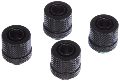 Four black knurled Corsair Hydro X compression fittings for 10/13 mm tubing (3/8 in / 1/2 in)