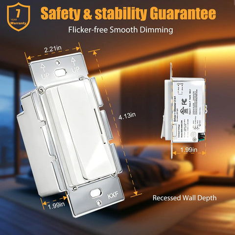 All In One 96W LED Driver And Dimmer For LED Strip Lights, 120V AC To 24V DC Dimmable Power Supply, 2 In 1 Dimmer Switch, Works With Single Pole And 3 Way Circuits, Low Voltage Transformer, UL Listed, White, recessed wall depth 4.13 in