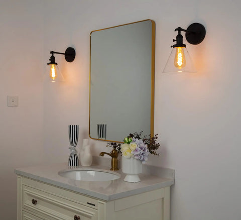 Hardwired Wall Sconce With Switch for Indoor Lighting, funnel clear glass shade, vanity lamps with retro vibe bathroom fixture.