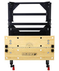 Hella Tough Portable Workbench Featuring A Heavy Duty Vise Foldable Work Table Holding Up To 550 Pounds ready for woodworking, showing black steel frame and bamboo work surface.