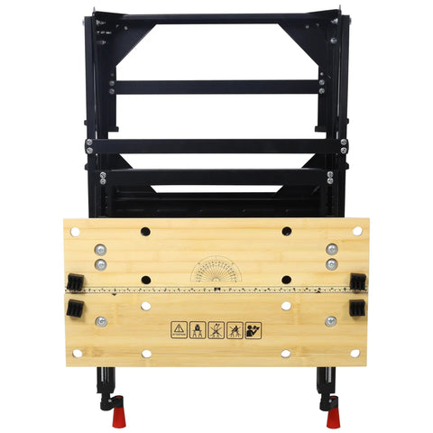 Hella Tough Portable Workbench Featuring A Heavy Duty Vise Foldable Work Table Holding Up To 550 Pounds ready for woodworking, showing black steel frame and bamboo work surface.