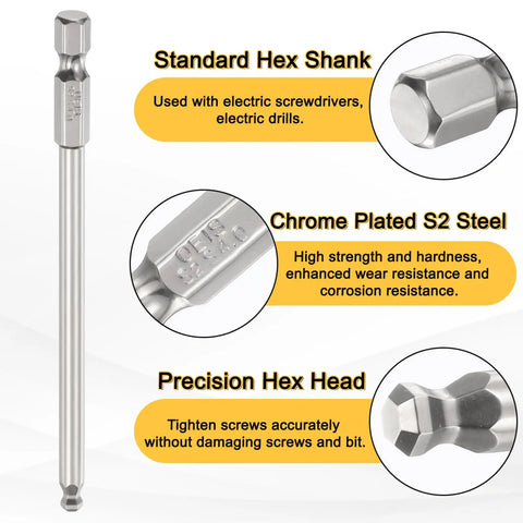 5 Piece Magnetic Ball End Hex Screwdriver Bit Set H4 4mm With One Quarter Inch Hex Shank 100mm Long S2 Steel Metric Bits For Power Tools And DIY Projects Pro Grade, chrome plated