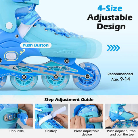Adjustable Kids Inline Skates With Light Up Wheels For Boys And Girls Ages 5 To 14, showing size adjustment features.