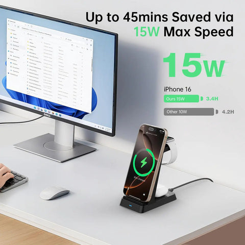 3 In 1 Fast Wireless Charging Station For iPhone 17 16e 16 15 14 13 12 11 X Pro Max Apple Watch And AirPods Pro 4 3 2 Compact Desk Or Nightstand Charging Hub on a desk with a computer monitor.