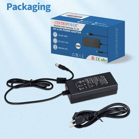 12V 5A Power Supply Adapter 60W With 100 240V AC Input To DC 12V Output For LED Strips CCTV Cameras Routers TV Boxes Webcams Speakers And More No Fuss Plug And Play Safe Stable black adapter with EU plug and packaging