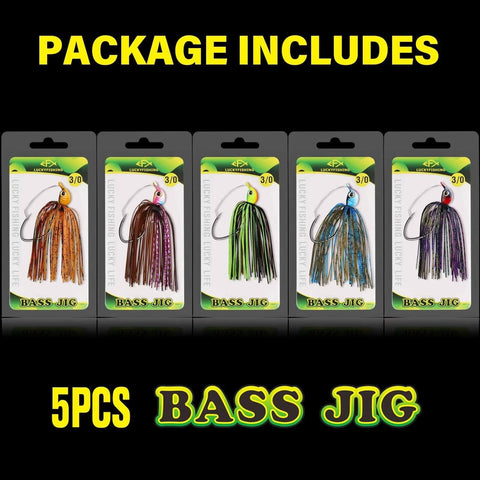 Product packaging showing Weedless Bass Jigs With Stainless Weed Guard For Clean Swims And Snag Free Bass Fishing, 5 colors