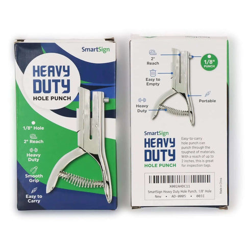 Packaging of Heavy Duty Handheld Workhorse Single Hole Punch With 1/8 Inch Punch And 2 Inch Reach, front and back view