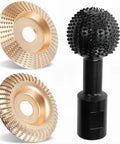 Two Pack Wood Carving Disc Set For Four And A Half And Five Inch Angle Grinders With Durable Carbon Steel Burrs For Grinding Polishing Engraving Easy Fit Long Life showing two discs and one rotary burr.
