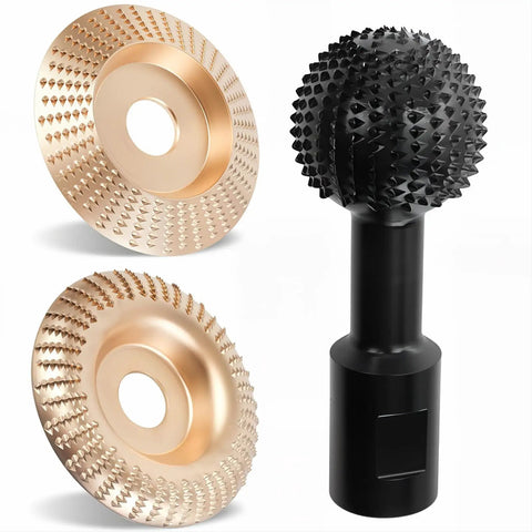 Two Pack Wood Carving Disc Set For Four And A Half And Five Inch Angle Grinders With Durable Carbon Steel Burrs For Grinding Polishing Engraving Easy Fit Long Life showing two discs and one rotary burr.