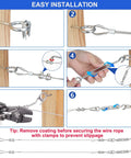 Installation guide for All In One One Sixteenth Inch Vinyl Coated Stainless Wire Rope Kit, 50ft 7x7 Tension Cable, includes components and steps