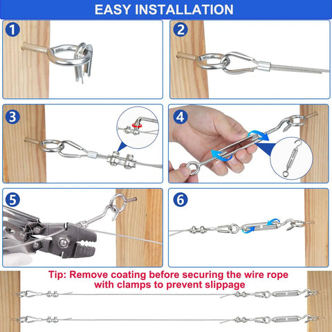 Installation guide for All In One One Sixteenth Inch Vinyl Coated Stainless Wire Rope Kit, 50ft 7x7 Tension Cable, includes components and steps