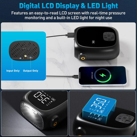 Fast Inflation Portable Tire Inflator With Auto Shut Off And LED Display For Car Motorcycle Bike And Sports Ball USB Rechargeable Compact Air Pump Dope Gift For Men with digital display and charging.