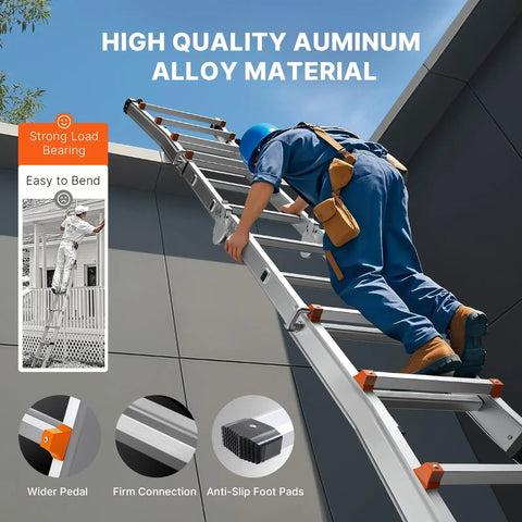 9.5 Foot Telescoping Aluminum Ladder A Frame Grab And Go Portable Extension Ladder For Home Roof Stairs Indoor And Outdoor Use 330 Pound Load Capacity No Assembly Required Lightweight And Easy To Carry, worker climbing roof