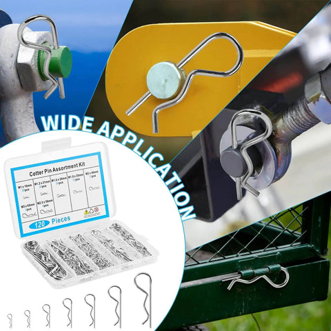 Premium Cotter Pin Set 120 Piece Assortment Kit With 7 Sizes R Shaped Heavy Duty Zinc Plated Carbon Steel Pins in use