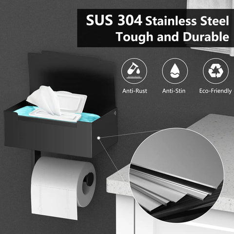 Matte Black Stainless Steel Toilet Paper Holder With Shelf And Wipes Dispenser, Wall Mount, Large Capacity, SUS304 Steel