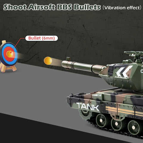 2.4GHz RC Tank With 360 Degree Turret BB Firing Auto Demo Sound Lights Smoke All Terrain Climbing Military Vehicle Toy in action