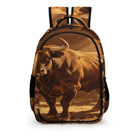 Long Horn Bull Vintage Print Backpack For Adults with bold bull graphic, large capacity, durable polyester, breathable fabric