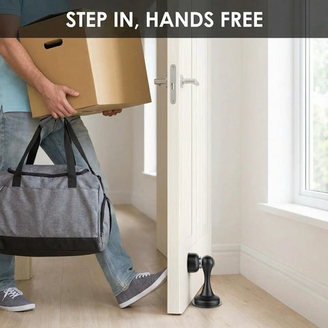 Person entering doorway with Heavy Duty Matte Black Magnetic Door Stopper 2 Pack Multi Angle Wall Guard to hold door open.