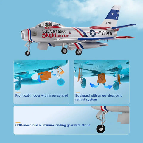 Sabre Inspired F86 EDF Jet RC Airplane For Adults With 80mm EDF 6CH Hobby Model Detailed Cockpit Weathering Realistic Look Dope PNP No Radio Battery Charger showing detailed cockpit, retract system, and landing gear.