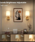 Top Shelf Battery Operated Wall Sconces Set Of Two With Remote Control Smart Rgb Bulbs In Matte Gold Rechargeable Wireless Reading Light shown with 3 brightness levels.