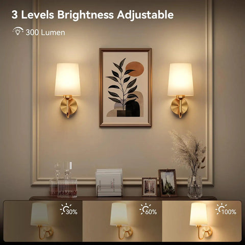 Top Shelf Battery Operated Wall Sconces Set Of Two With Remote Control Smart Rgb Bulbs In Matte Gold Rechargeable Wireless Reading Light shown with 3 brightness levels.