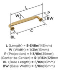 Diagram of Cowrie Champagne Bronze Cabinet Pull Five And One Sixteenth Inch Center To Center Measurement For Cabinets And Drawers Transitional Style Five And Five Eighths Inch Overall Length Model BP37703CZ with dimensions.