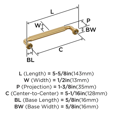 Diagram of Cowrie Champagne Bronze Cabinet Pull Five And One Sixteenth Inch Center To Center Measurement For Cabinets And Drawers Transitional Style Five And Five Eighths Inch Overall Length Model BP37703CZ with dimensions.