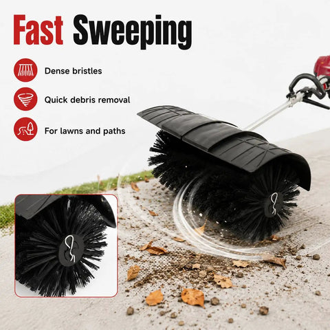 Powerful Gas Handheld Broom Sweeper With 1000W 4 Stroke Engine, 20 Inch Wide Lawn Yard Debris Cleaner For Streets, Parks And Farms, Aluminum Alloy Body, Durable Outdoor Cleanup Tool, shown sweeping leaves from a path