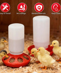 Automatic Chick Feeder And Waterer Set No Waste Brooder Kit For Baby Chicks Ducks And Quail Includes One Liter Drink Dispenser And One Kilo Feed Hopper with ducklings around feeder.