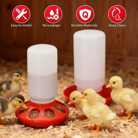 Automatic Chick Feeder And Waterer Set No Waste Brooder Kit For Baby Chicks Ducks And Quail Includes One Liter Drink Dispenser And One Kilo Feed Hopper with ducklings around feeder.