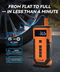 8000mAh Portable Jump Starter With Air Compressor And Tire Inflator for Cars, Trucks, and SUVs inflating a car tire.