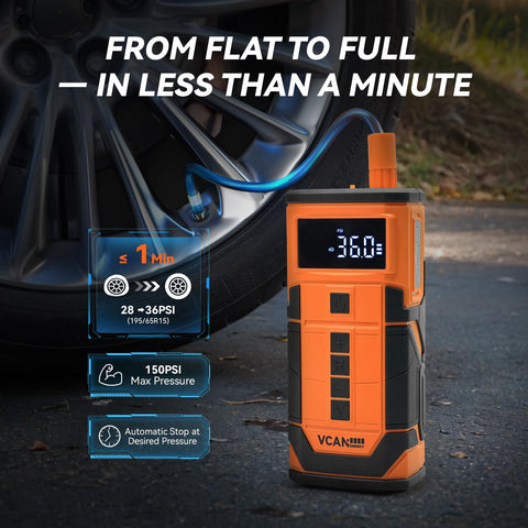 8000mAh Portable Jump Starter With Air Compressor And Tire Inflator for Cars, Trucks, and SUVs inflating a car tire.