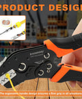 Crimping Tool Set With 2210H Heat Shrink Crimping Tool And 7 Quick Exchange Jaws for various wire connectors displayed on wooden table