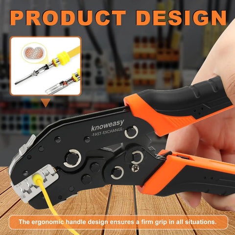 Crimping Tool Set With 2210H Heat Shrink Crimping Tool And 7 Quick Exchange Jaws for various wire connectors displayed on wooden table