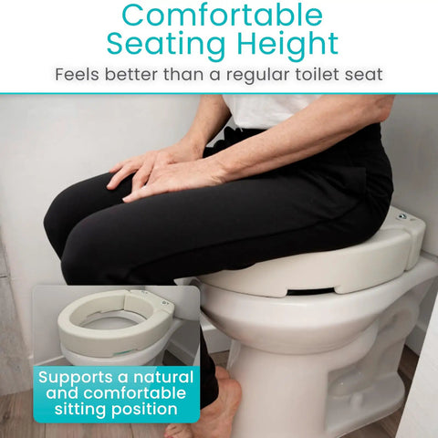 Person sitting on a cream Raised Toilet Seat Riser 3.5 Inch Height For Standard Round Toilets Easy Install Elevated Toilet Seat Extension