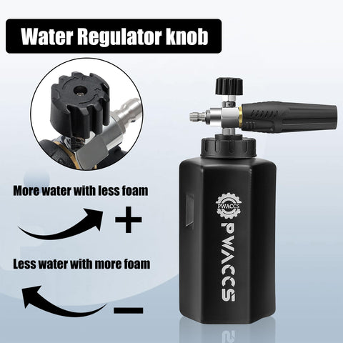 Foam Cannon For Car Wash Kit With One Quarter Inch Quick Connector And M22 Inlet 4000 PSI Short Pressure Washer Foam Gun One Point Five Liter Dense Thick Foam For Real Showroom Shine demonstrating water regulator knob