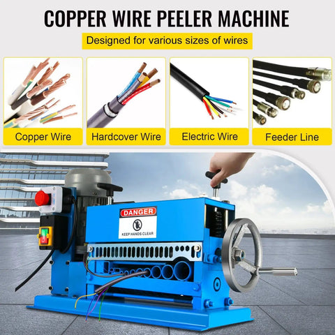 Top-Tier Heavy-Duty Electric Wire Stripping Machine, 370W Powerhouse For Robust Cable Peeling, blue aluminum build with various wire sizes.