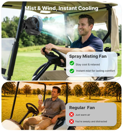 Man using Magnetic Golf Cart Misting Fan And Phone Holder Gift Set For Dads And Golfers; fan misting for cooling on a golf course