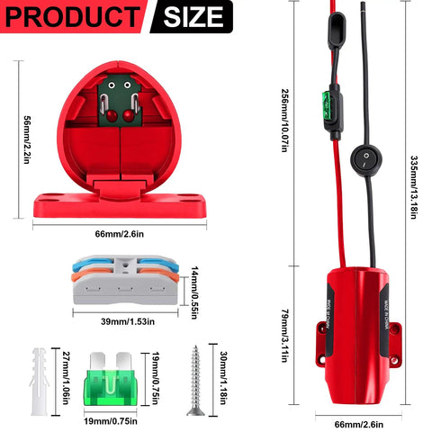 M12 Battery Adapter For Milwaukee Packs 12V Conversion Kit with switch, fuse, wire terminals, dimensions and components, red casing.