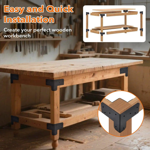 8 Piece 3 Way Corner Workbench Brackets Kit With Screws For Wood Heavy Duty DIY Workbench Legs Fits 4x4 And 2x4 Lumber shown installed