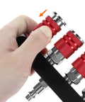 Hand attaching coupler on Four Way Straight Air Manifold With Five Ports And One Quarter NPT Inlets Aluminum Line Type Splitter