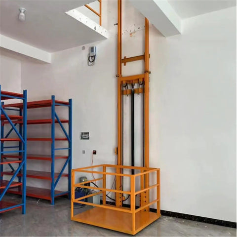 Heavy Hitter Electric Hydraulic Lift Table With A Rock Solid Steel Frame, orange lift platform beside storage shelves.